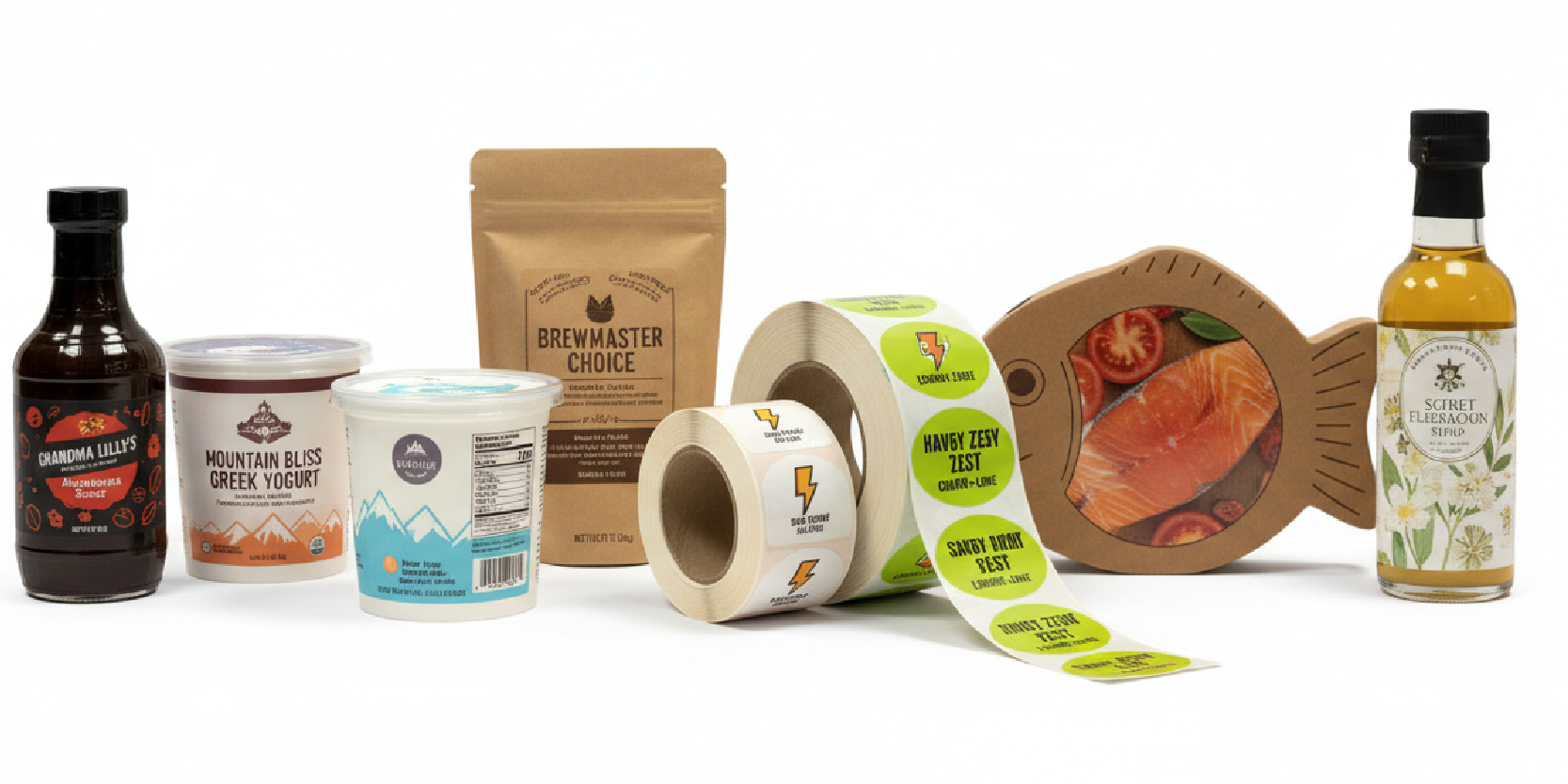 Food and beverage label printing with finishes for packaging and shelf presentation