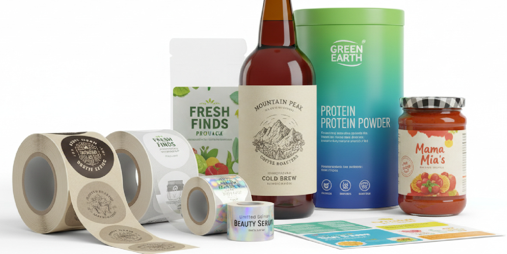 Packaging label materials including paper and film stocks with permanent and removable adhesives